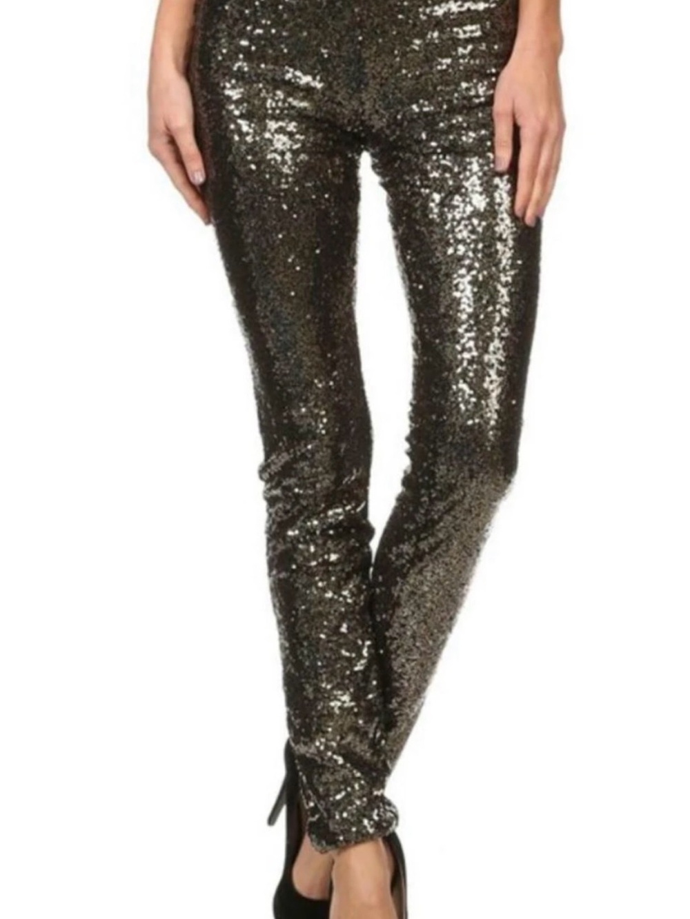 Sequin Slim Leg Pants in Black-Gold Sparkle